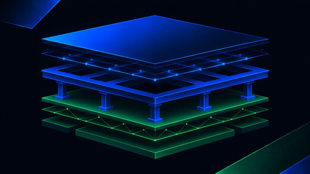 Abstract geometric data visualization in electric green and data blue on a near-black background