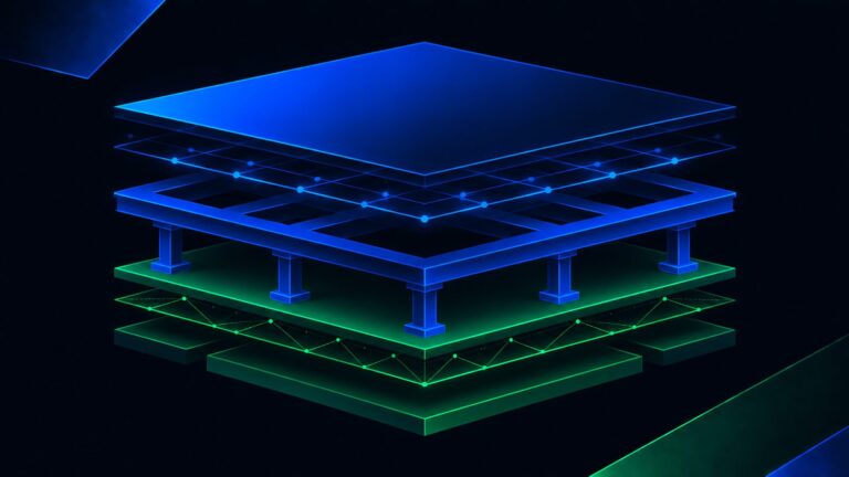Abstract geometric data visualization in electric green and data blue on a near-black background
