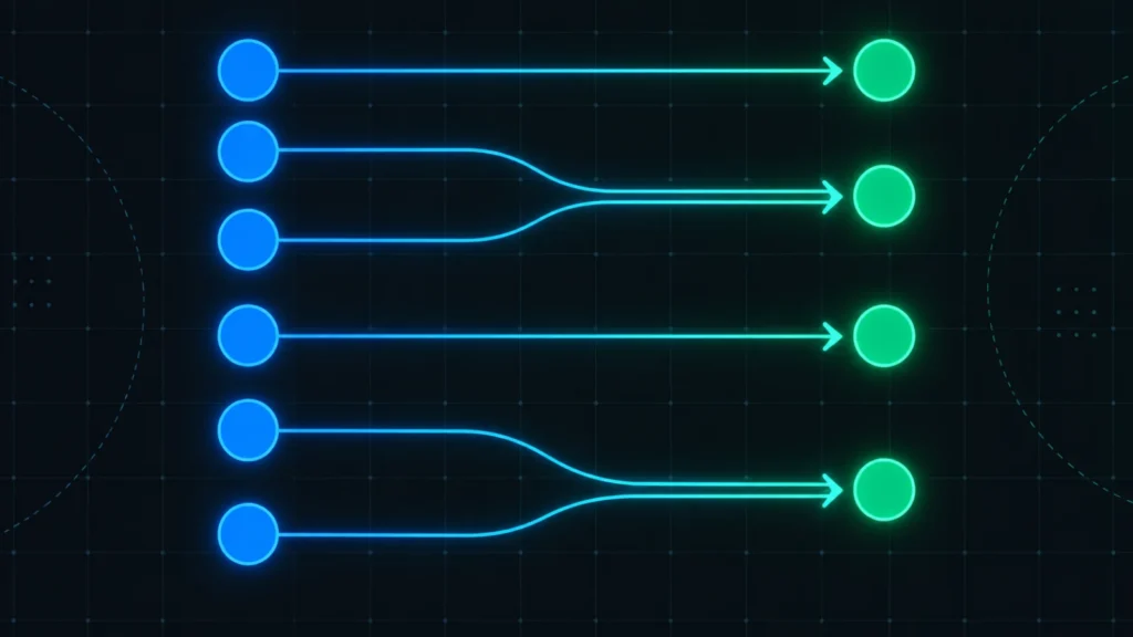 Abstract redirect map: blue nodes routed by glowing arrows to matching green nodes on a dark grid