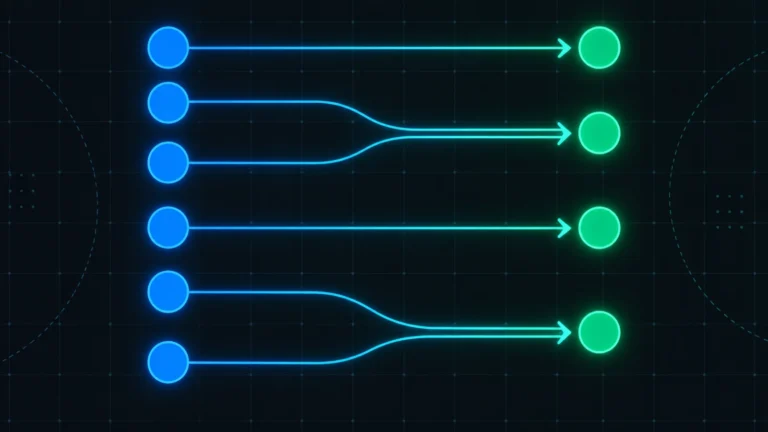 Abstract redirect map: blue nodes routed by glowing arrows to matching green nodes on a dark grid