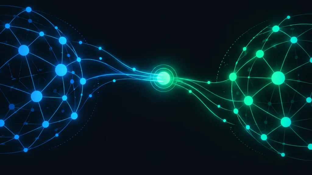 Abstract network diagram showing signals migrating from an old domain to a new domain