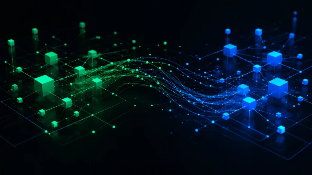 Abstract network diagram showing nodes flowing from one blue cluster to a green cluster, representing a domain migration