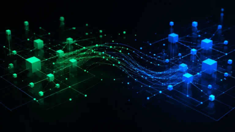 Abstract network diagram showing nodes flowing from one blue cluster to a green cluster, representing a domain migration