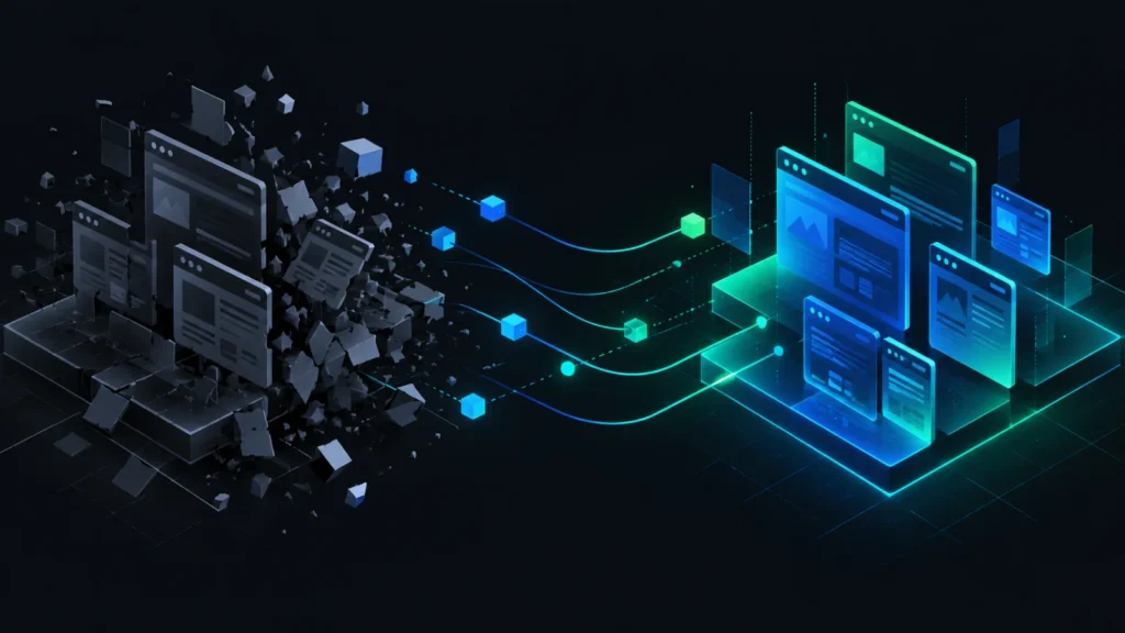 Abstract dark visual of an old platform grid dissolving and reassembling into a new grid, symbolizing SEO-safe website replatforming