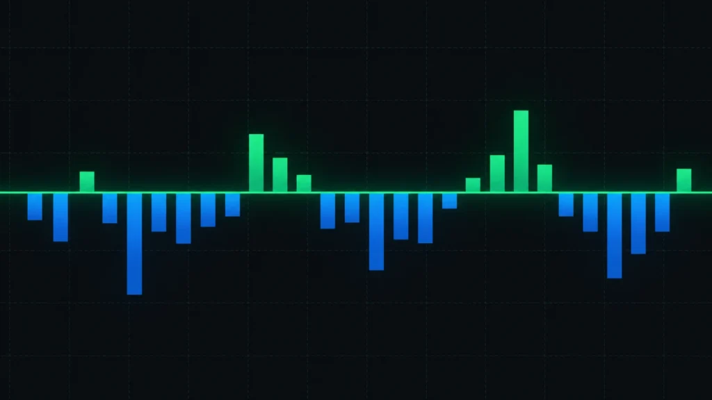 Abstract benchmark chart with a glowing green baseline and blue and green data bars on a dark grid