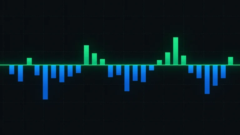 Abstract benchmark chart with a glowing green baseline and blue and green data bars on a dark grid